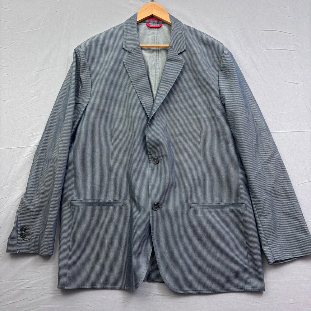 Alfani Mens XL Blue Pinstripe Two Button Blazer Cotton Blend Stretch Jacket